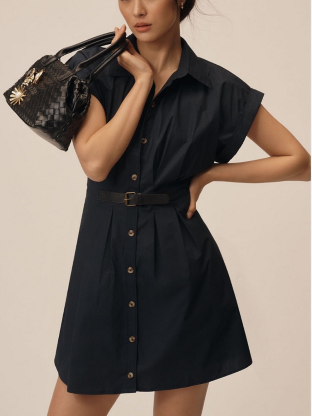 Anthropologie Navy Blue Button-Front Shirt Dress with Attached Belt